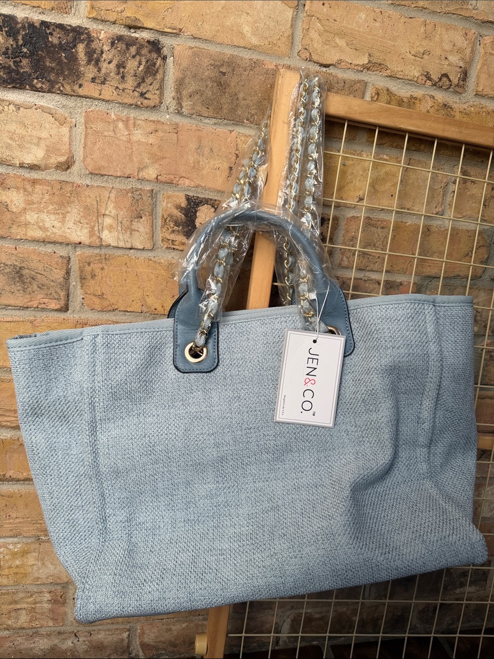 NWT: JEN & CO. Light Blue Woven Tote Bag with Chain-Accent Handles
